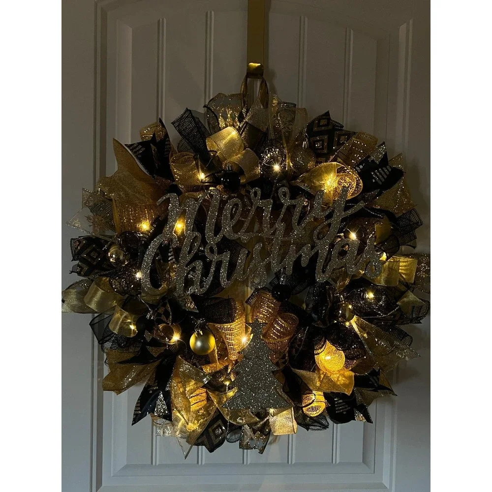 Black & Gold Merry Christmas Tree Ribbon Door Wreath Handmade 22 ins LED W24